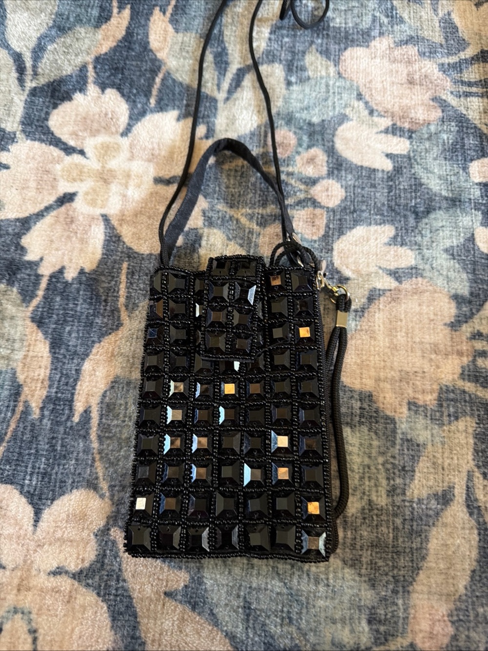 Black Beaded Crossbody Phone Bag - Sleek Evening Wristlet
